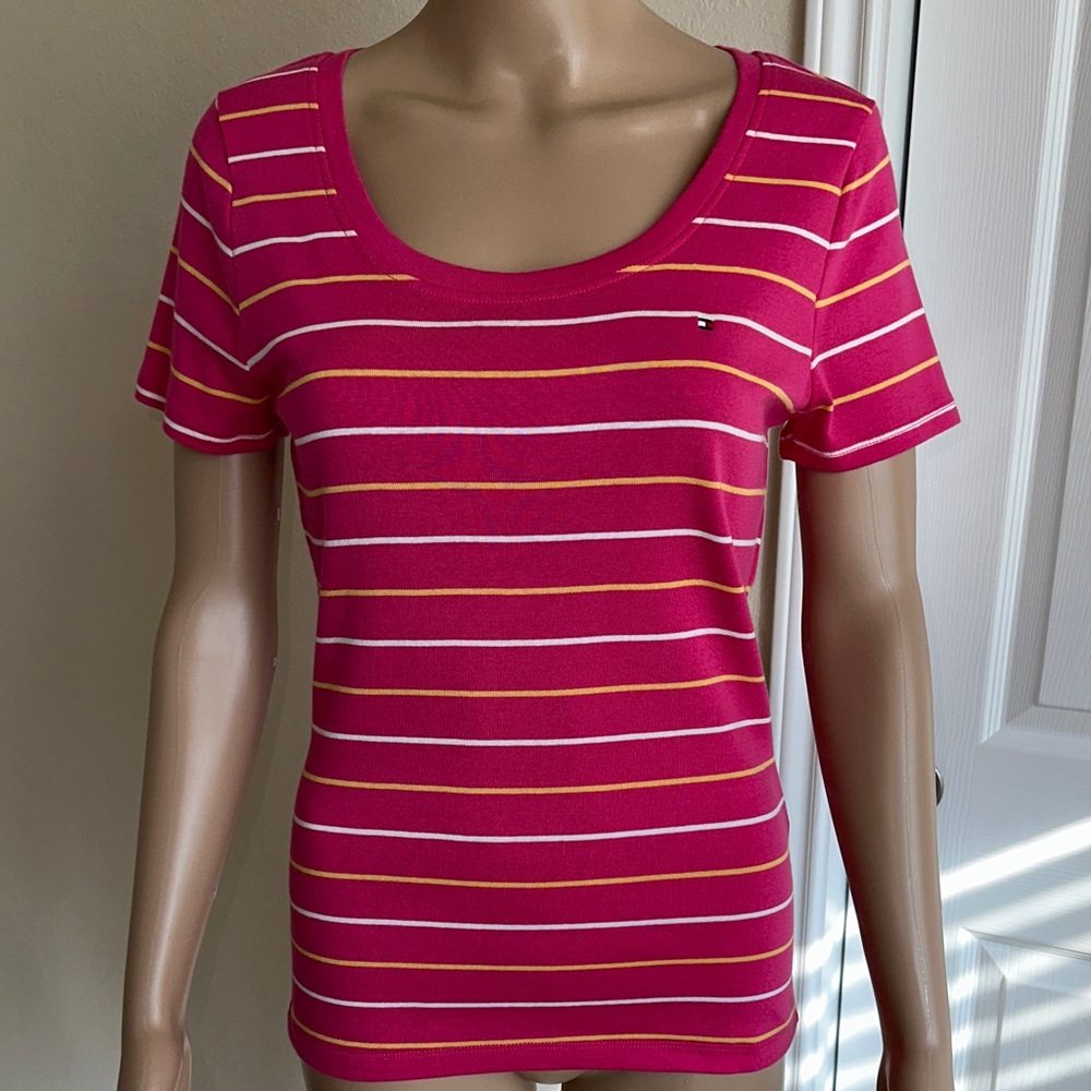 Tommy Hilfiger Pink with Yellow and White Striped Short Sleeve Tee.